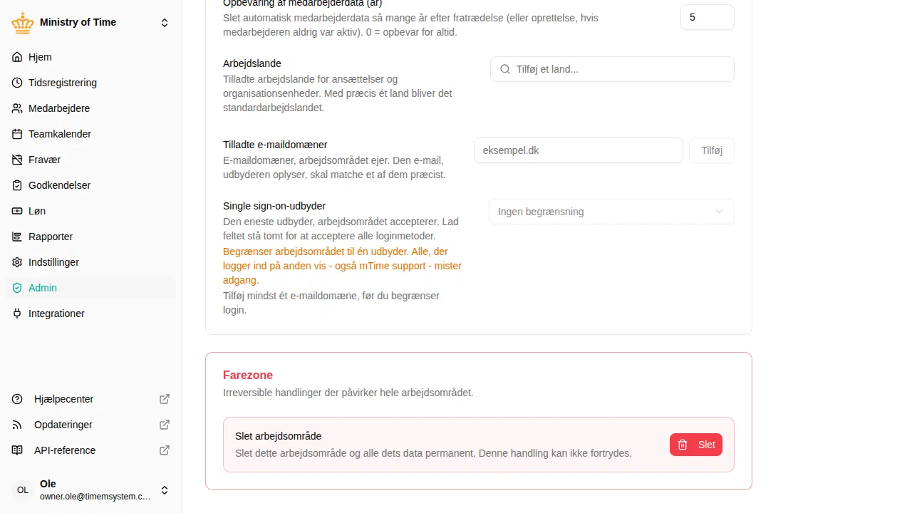Afsnittet Farezone med muligheden for at slette arbejdsområdet