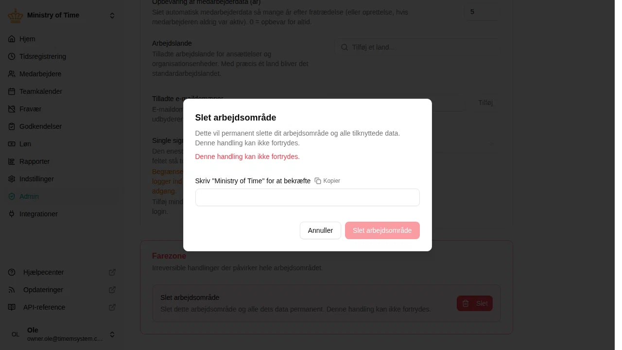 Bekræftelsesdialog for sletning af arbejdsområde