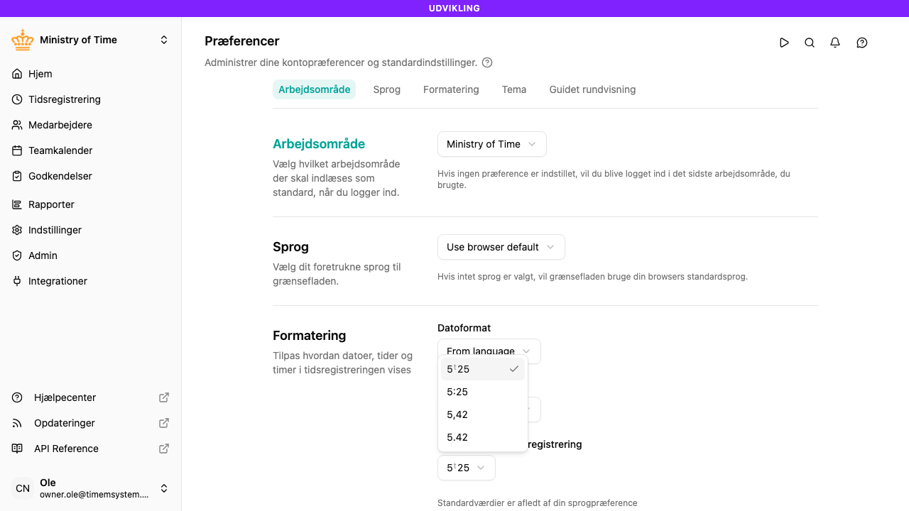 Indstillingen Timeformat for tidsregistrering i Præferencer