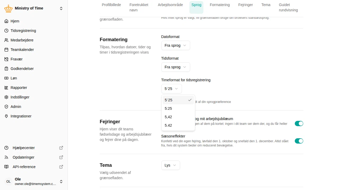Indstillingen Timeformat for tidsregistrering i Præferencer