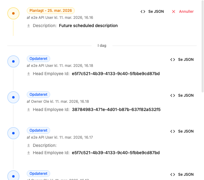 Tidslinje der viser tidligere, nuværende og fremtidige ændringer