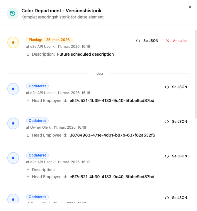 Versionshistorik-panel der viser planlagte og anvendte ændringer