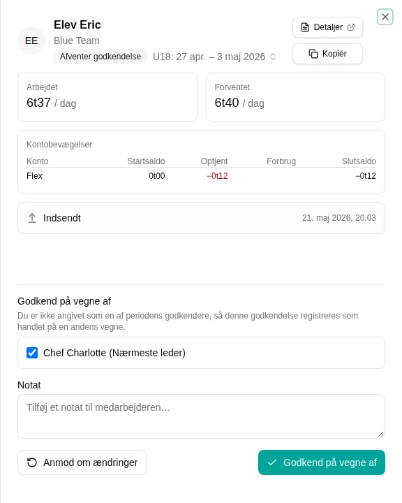 Tidsregistreringsdetaljer med flexafsnit