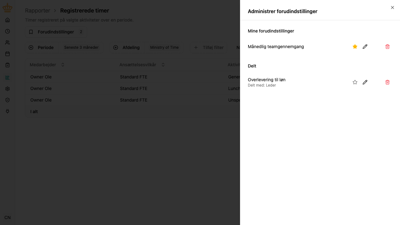 Panelet Administrer forudindstillinger med personlige og delte forudindstillinger og deres handlinger