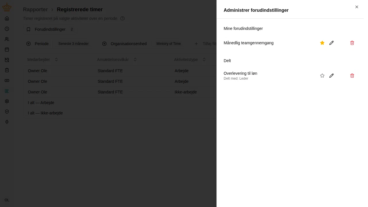 Panelet Administrer forudindstillinger med personlige og delte forudindstillinger og deres handlinger