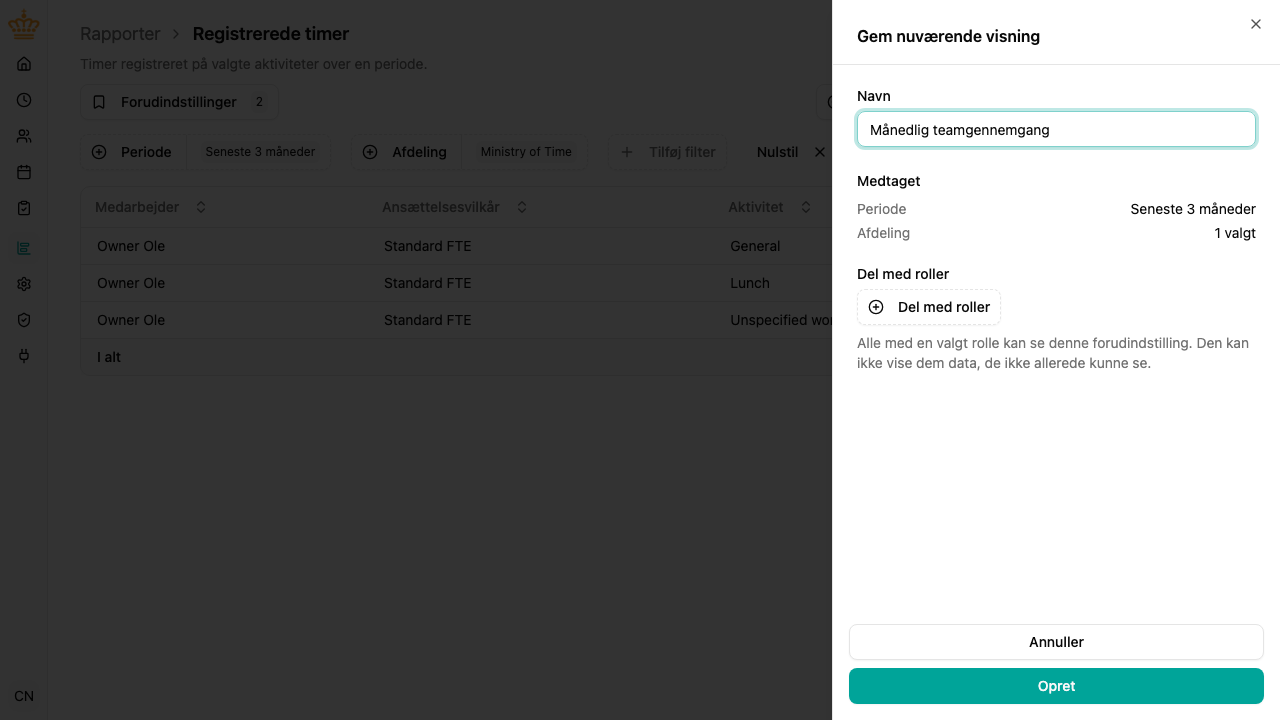 Panelet Gem nuværende visning med navn, hvad der medtages, og deling med roller