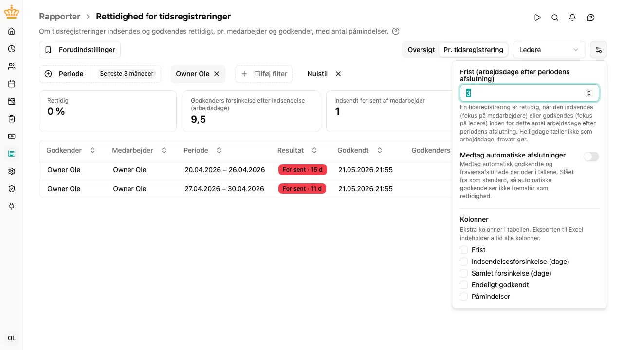 Rapportens indstillinger: målet, automatiske afslutninger og de valgfrie kolonner