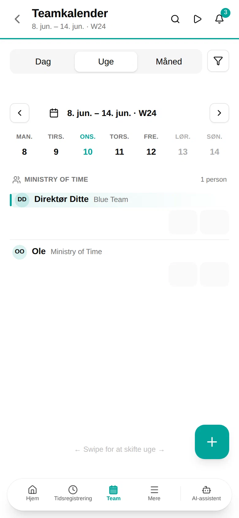 Teamkalenderens ugevisning på en telefon