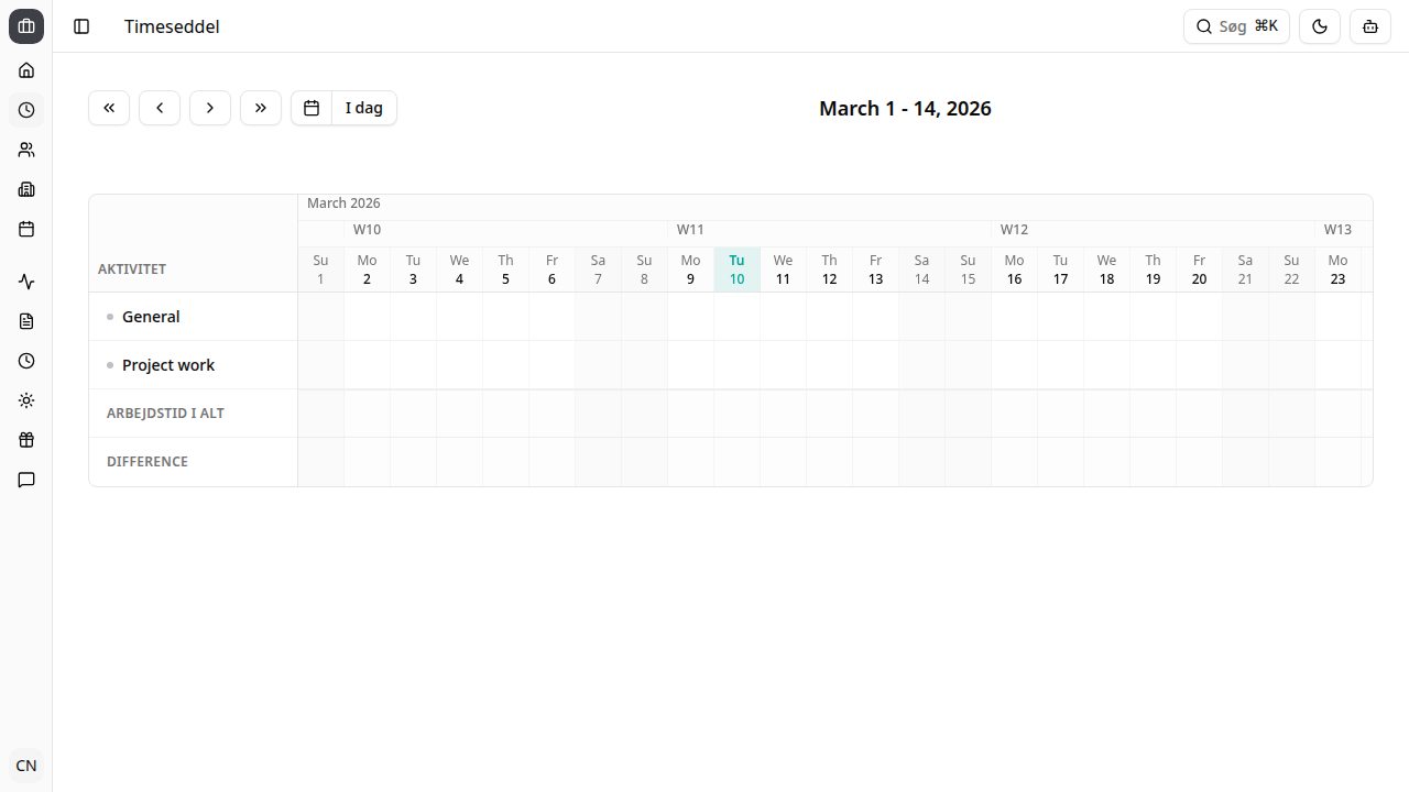 Timeseddel med aktivitetsrækker og daglige totaler