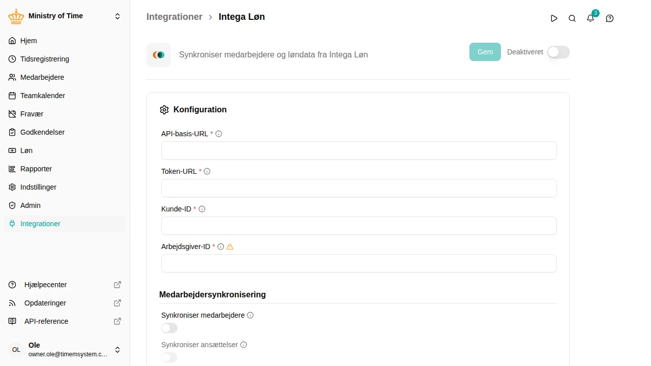 Detaljesiden for Intega Løn-integrationen