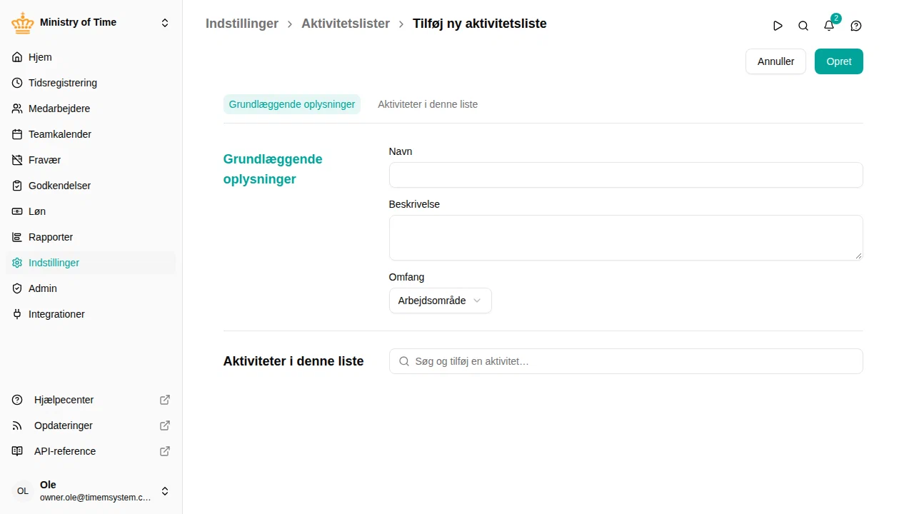 Aktivitetslisteredigeringen med omfang og aktivitetsvælgeren
