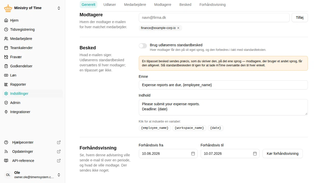 Adviseringens besked med variabler