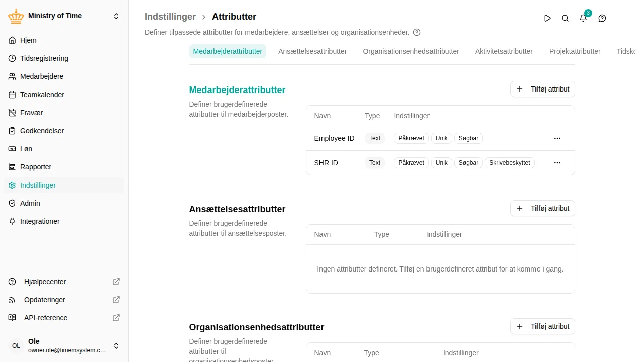 Indstillingssiden for attributter med brugerdefinerede attributter