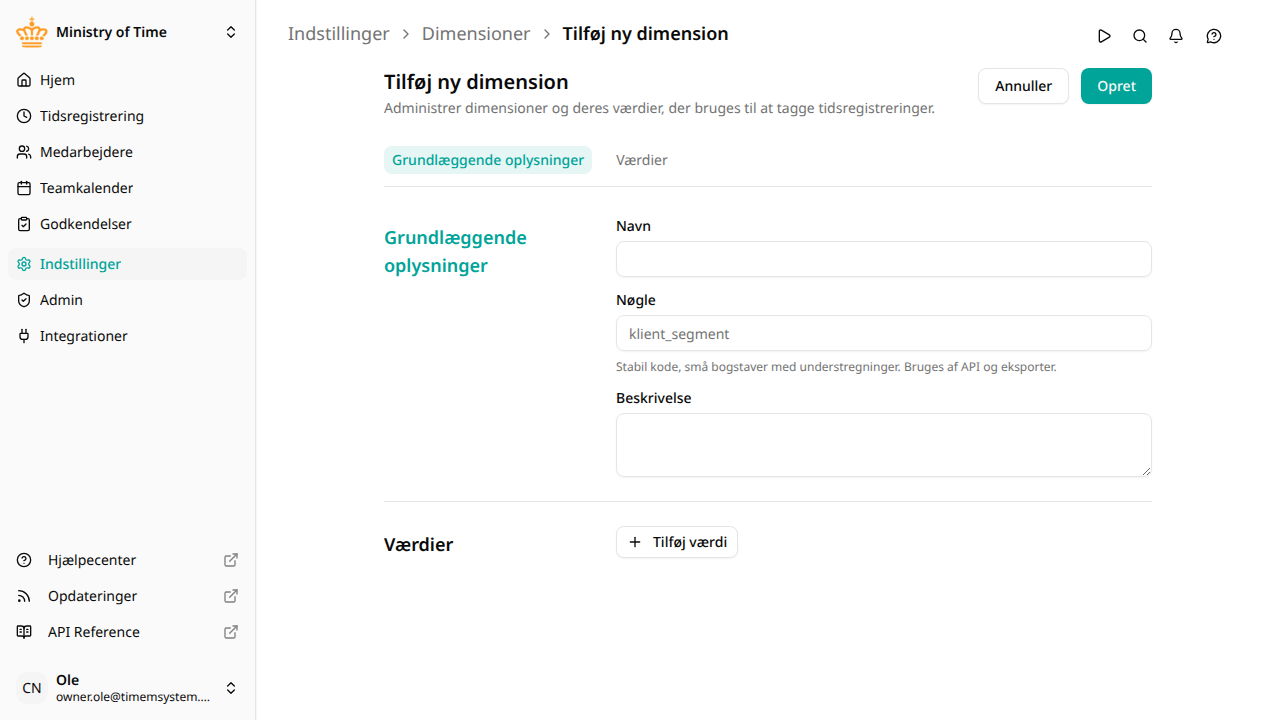 Dimensionsredigeringen med grundlæggende oplysninger og værdier