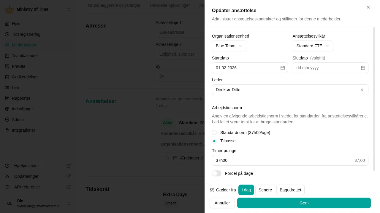 Afvigende arbejdstidsnorm på en medarbejders ansættelse