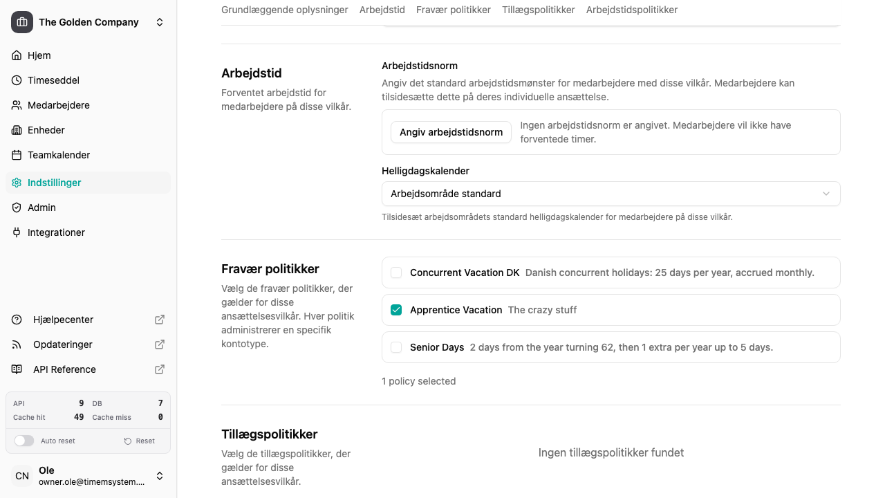 Arbejdstidssektion for ansættelsesvilkår med standard arbejdstidsnorm