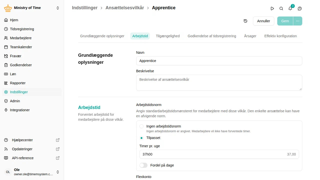 Sektionen Arbejdstid i ansættelsesvilkårene med standardarbejdstidsnormen