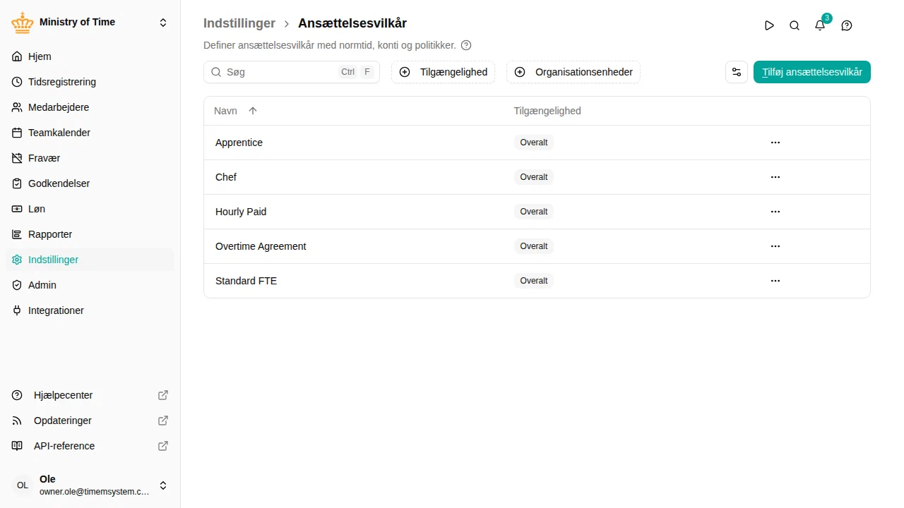 Liste over ansættelsesvilkår med handlinger til tilføj, rediger, kopiér, historik og slet