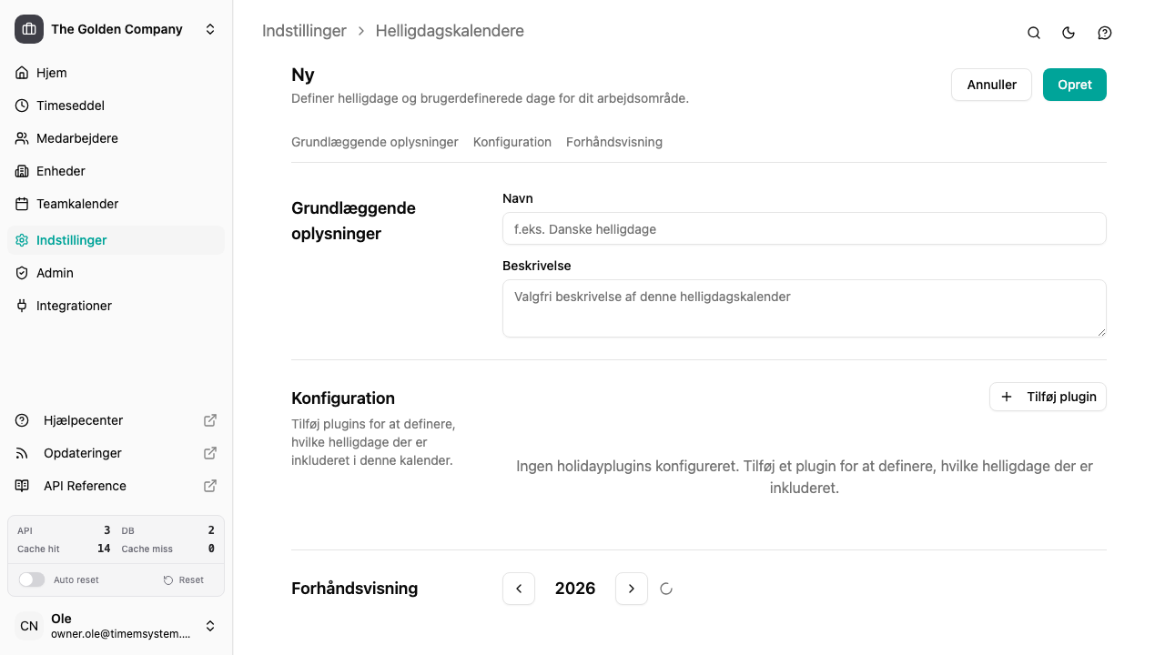 Konfigurationsformular for feriekalender med plugins og forhåndsvisning