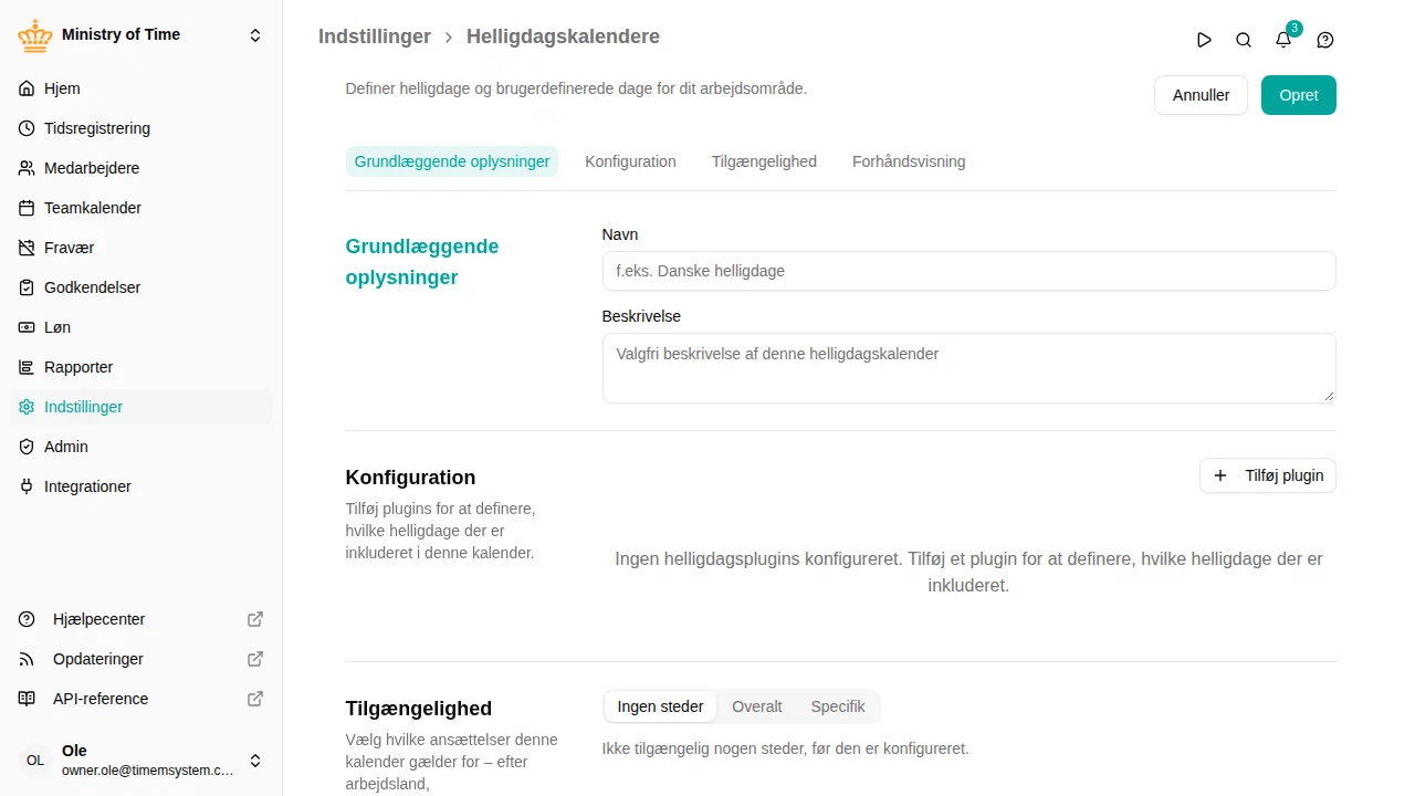 Konfigurationsformular for helligdagskalender med plugins og forhåndsvisning