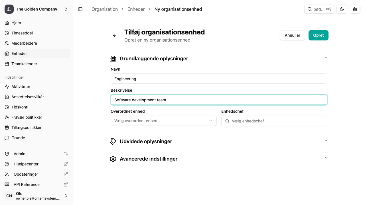 Opret en organisationsenhed