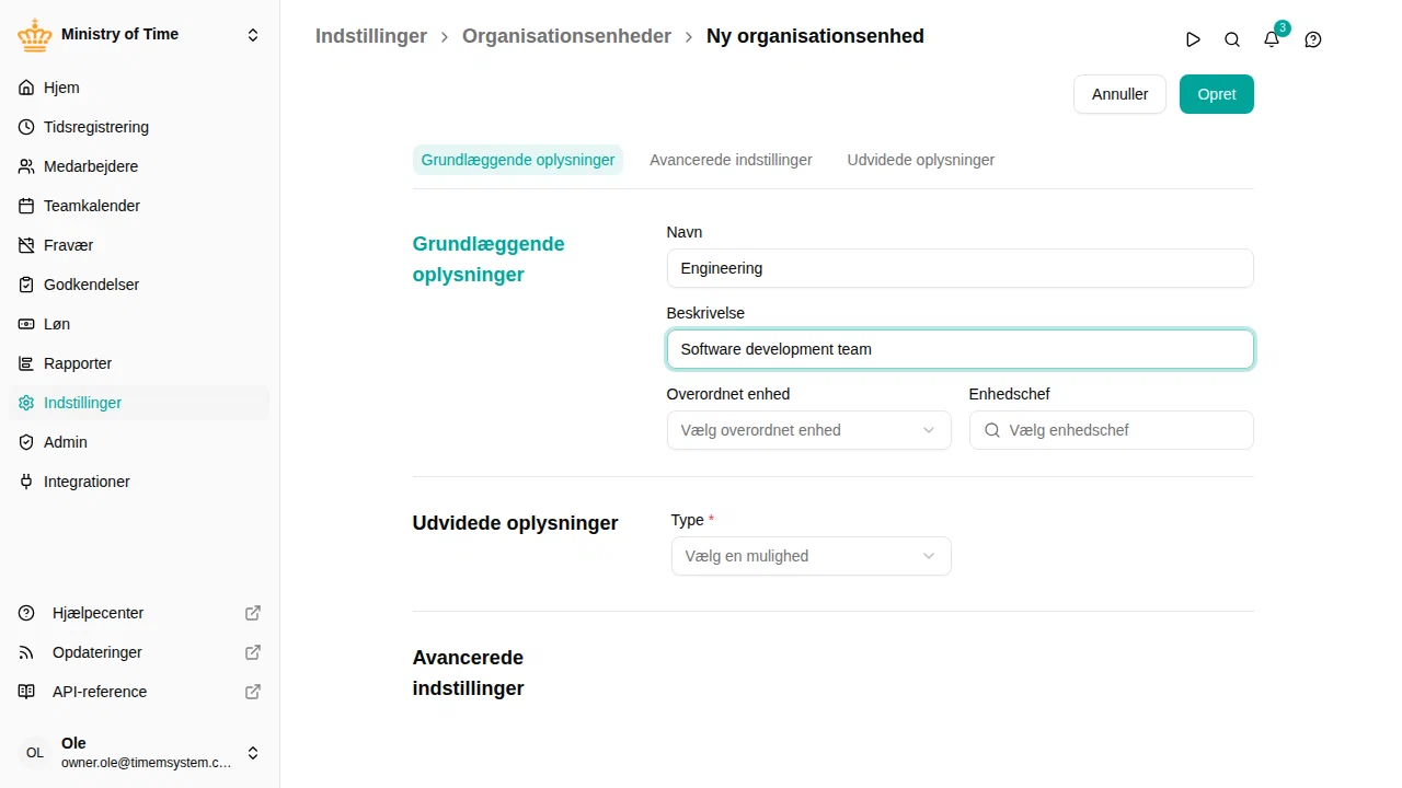 Oprettelse af en organisationsenhed