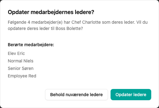 Bekræftelsesdialog for opdatering af chefer