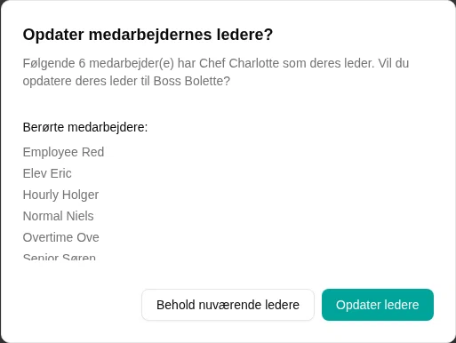 Dialogboks til bekræftelse af nye ledere