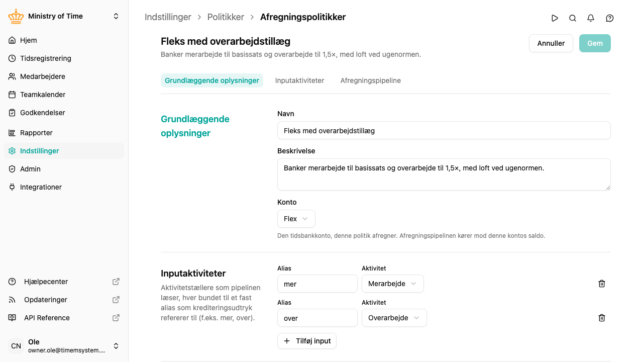 Editor for afregningspolitik med inputaktiviteter og en pipeline af trin