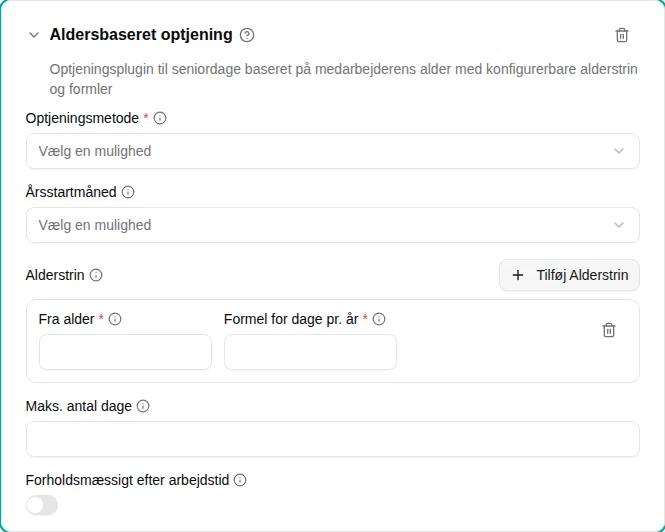Indstillinger for pluginet Aldersbaseret optjening