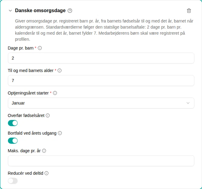 Indstillinger for pluginet Danske omsorgsdage