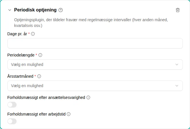 Indstillinger for pluginet Periodisk optjening