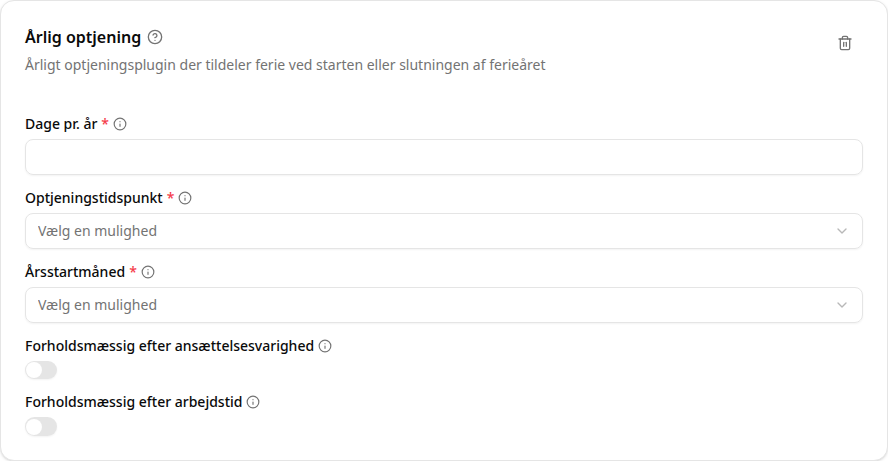 Årlig tilskrivning plugin konfiguration