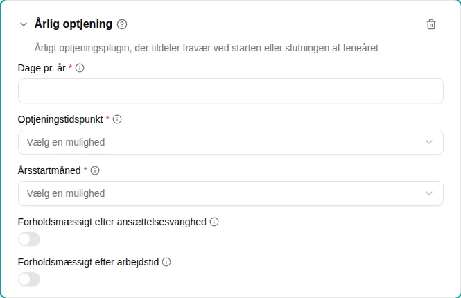 Indstillinger for pluginet Årlig optjening