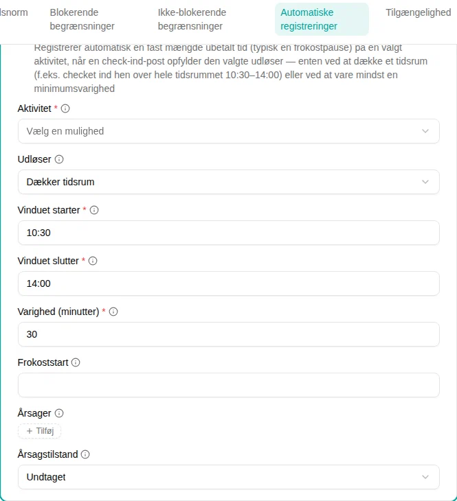 Konfiguration af pluginet Frokostfradrag