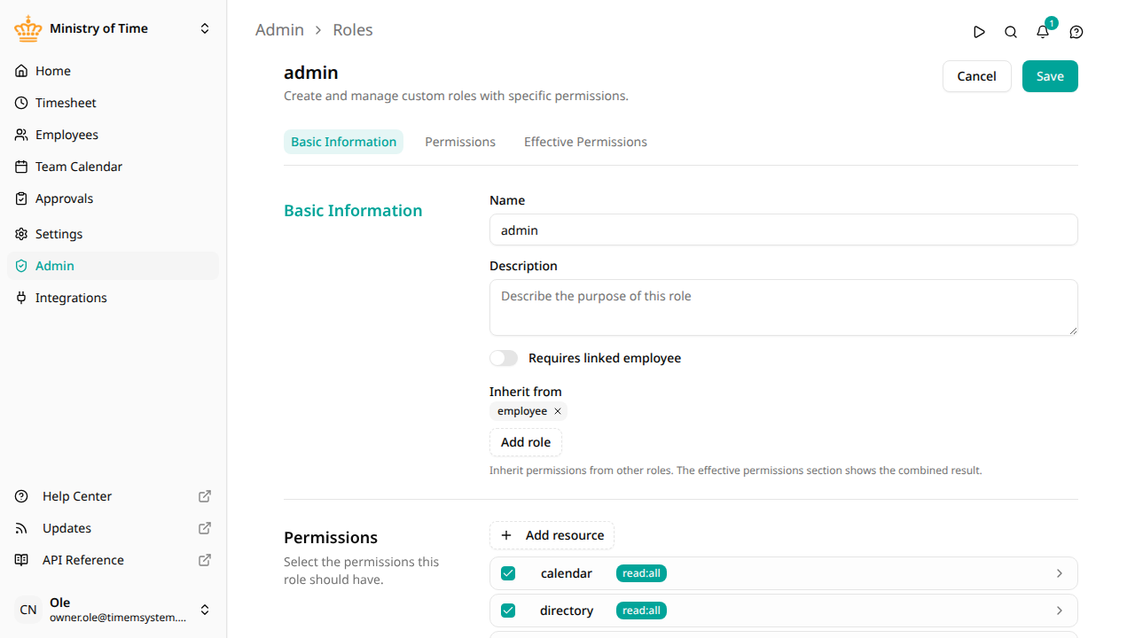 Customizing the admin role