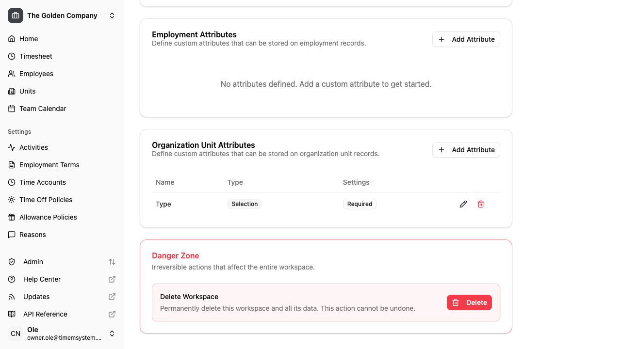 Danger zone section showing delete workspace option