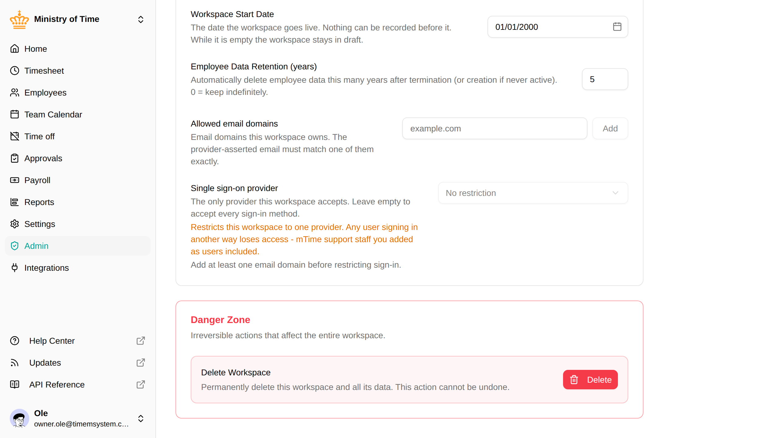 Danger zone section showing delete workspace option