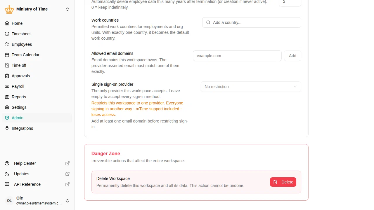 Danger zone section showing delete workspace option