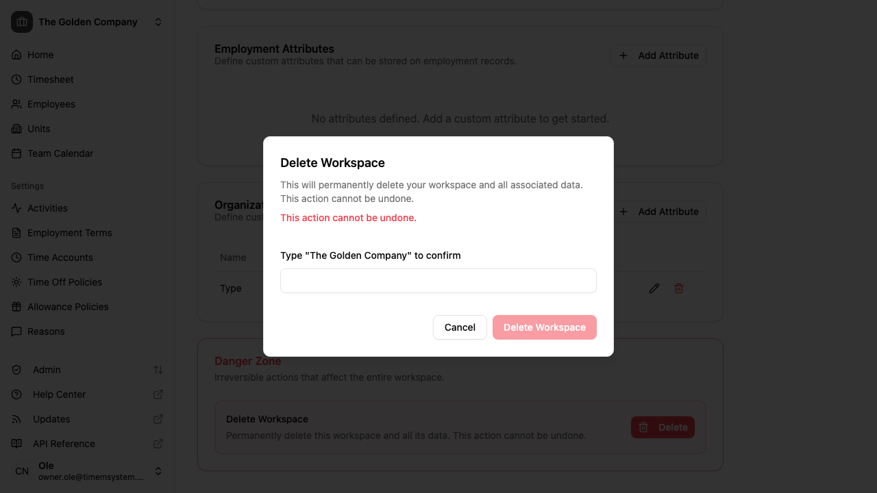 Delete workspace confirmation dialog