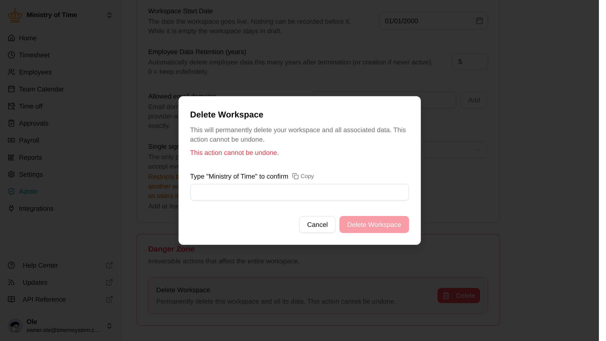 Delete workspace confirmation dialog