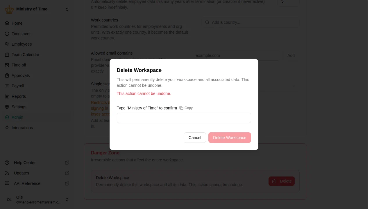 Delete workspace confirmation dialog