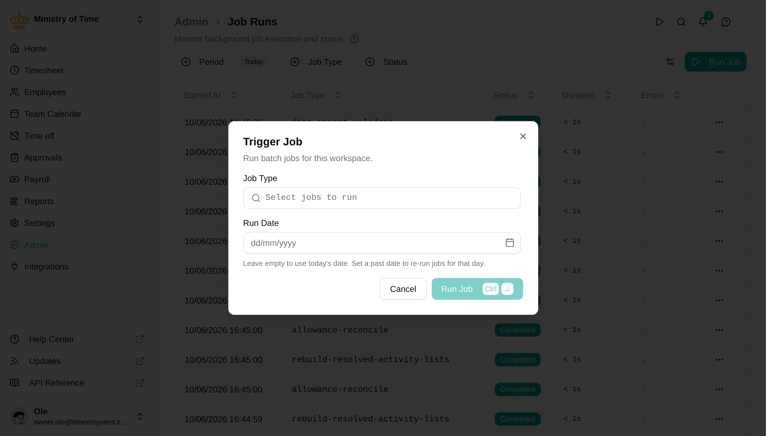 Trigger job dialog