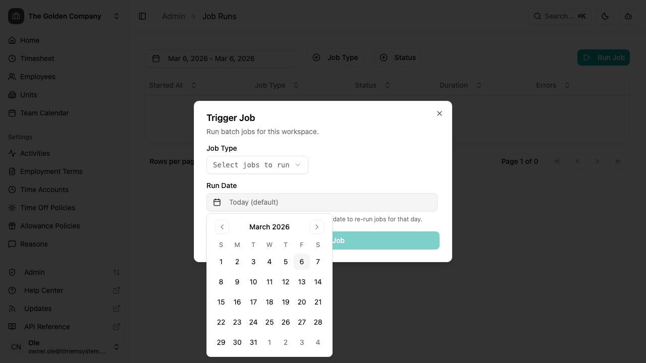 Trigger job dialog with a custom date