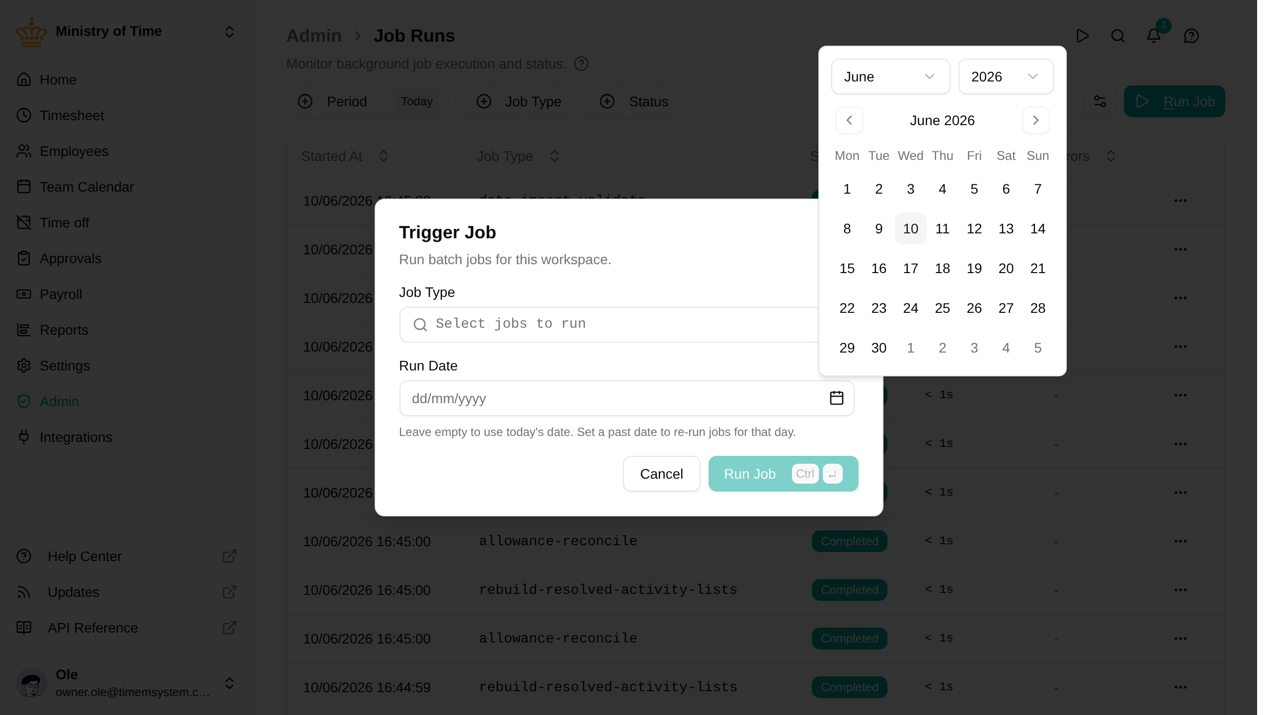 Trigger job dialog with a custom date