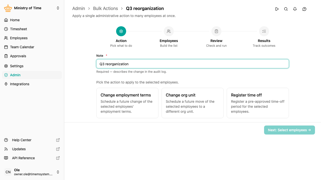 Bulk action wizard, action step