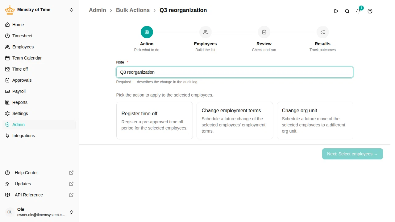Bulk change wizard, action step