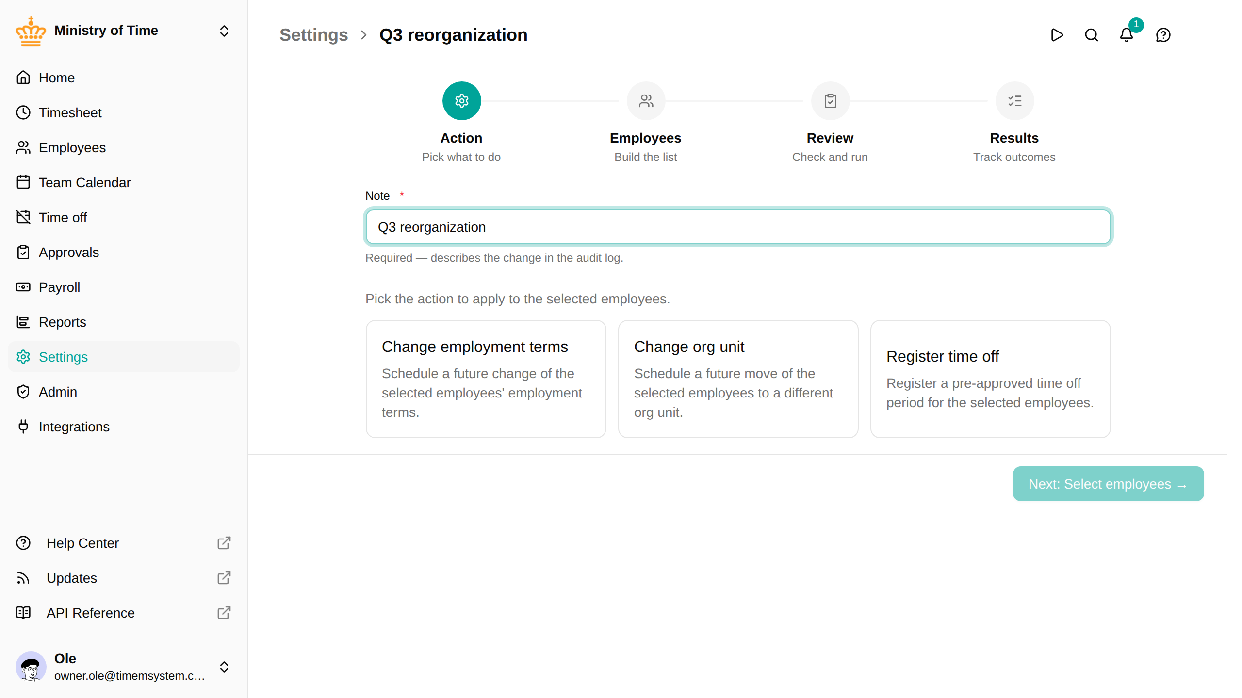 Bulk change wizard, action step