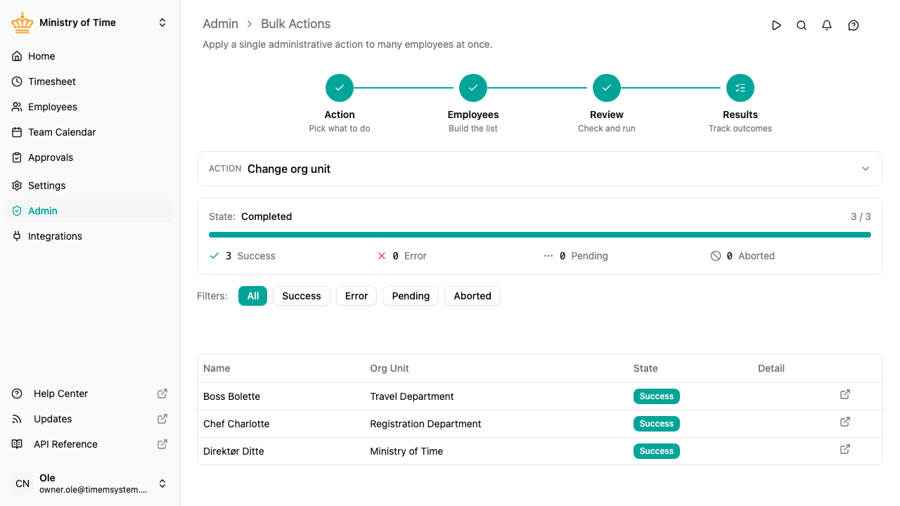 Bulk action wizard, results step