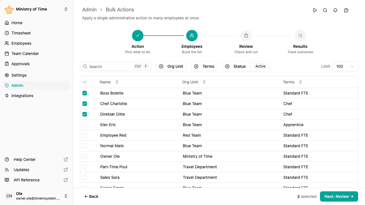 Bulk action wizard, employee selection step